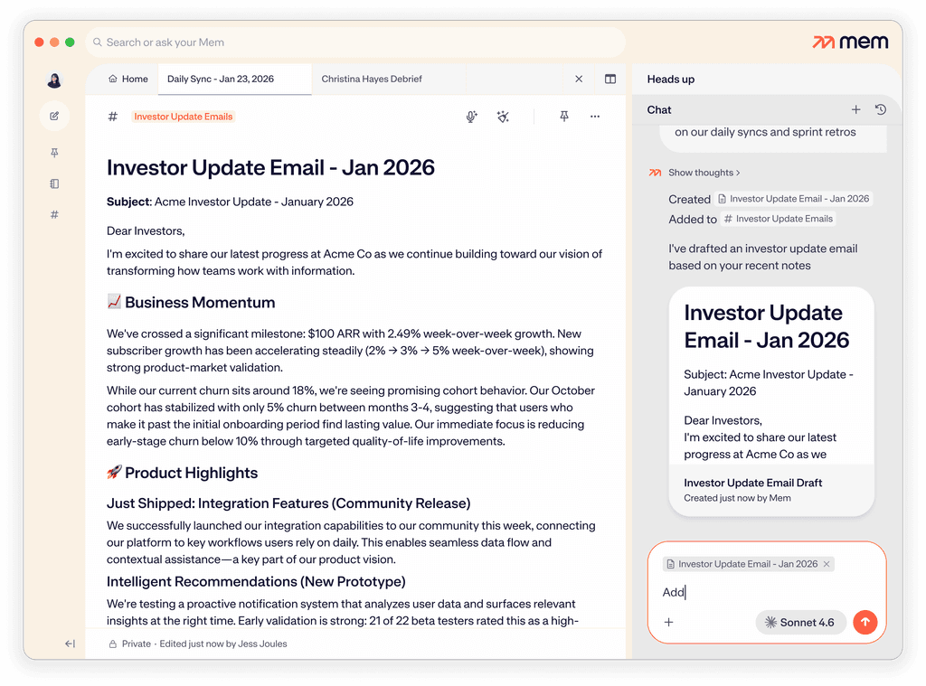 Mem chat and notes interface preview.
