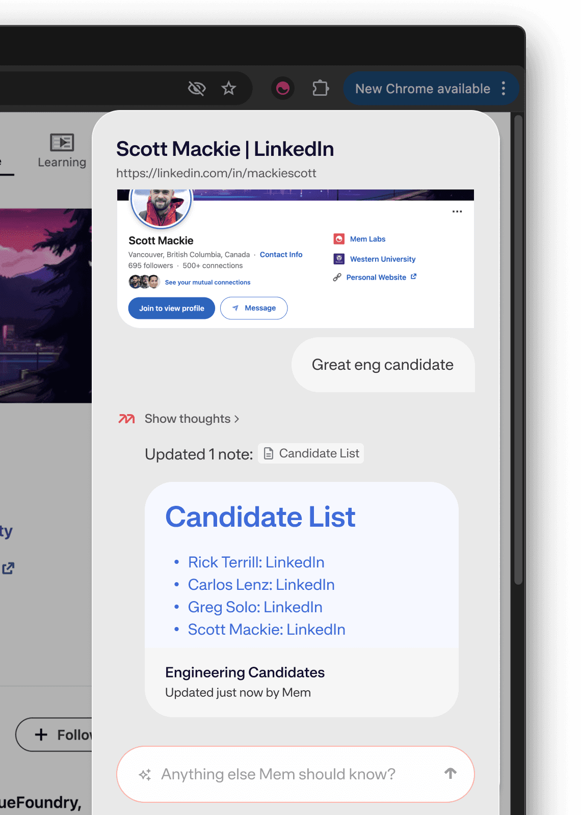 The Mem Chrome Extension turning a LinkedIn page into an organized Candidate List note.