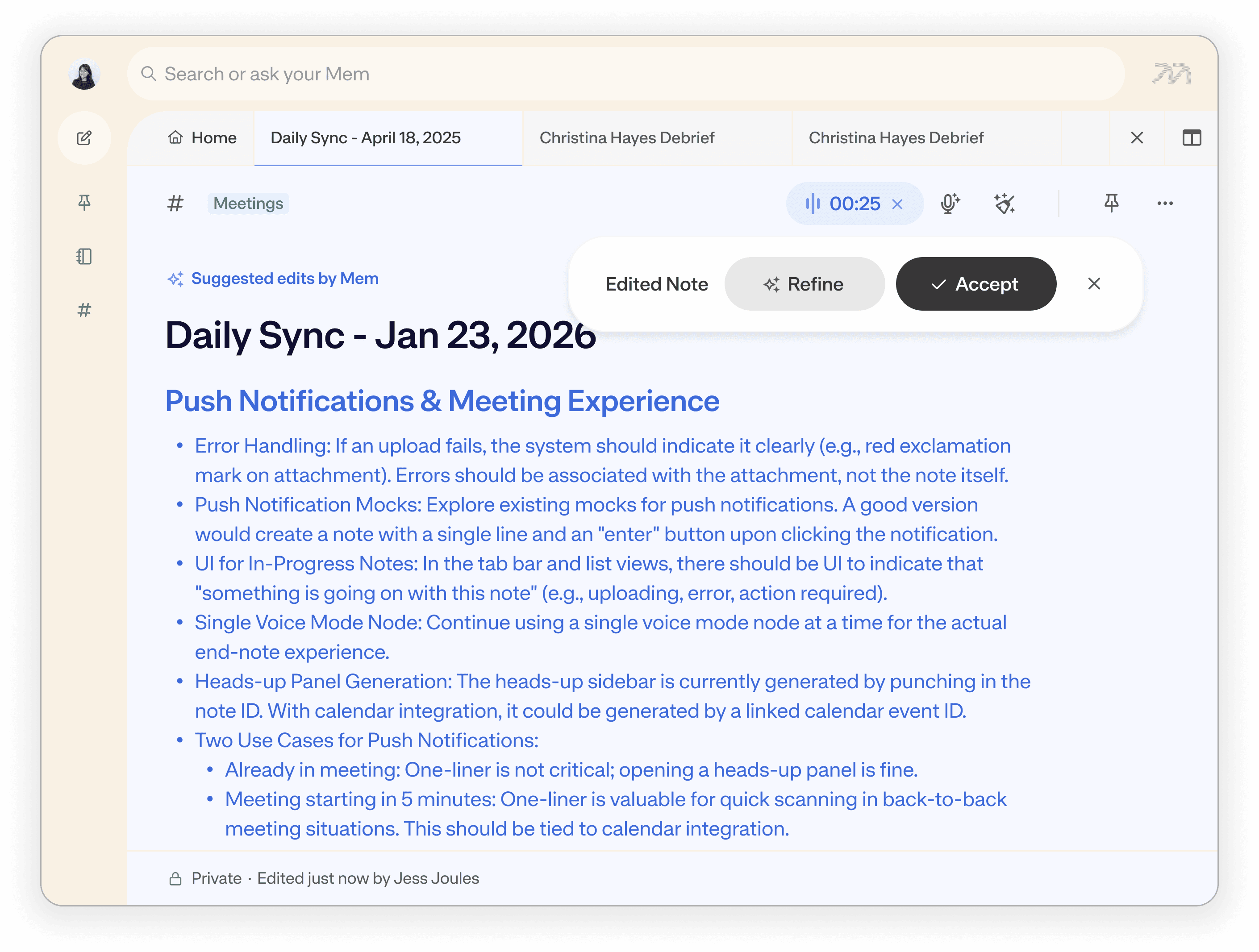 Mem completed meeting note after Voice Mode ends.