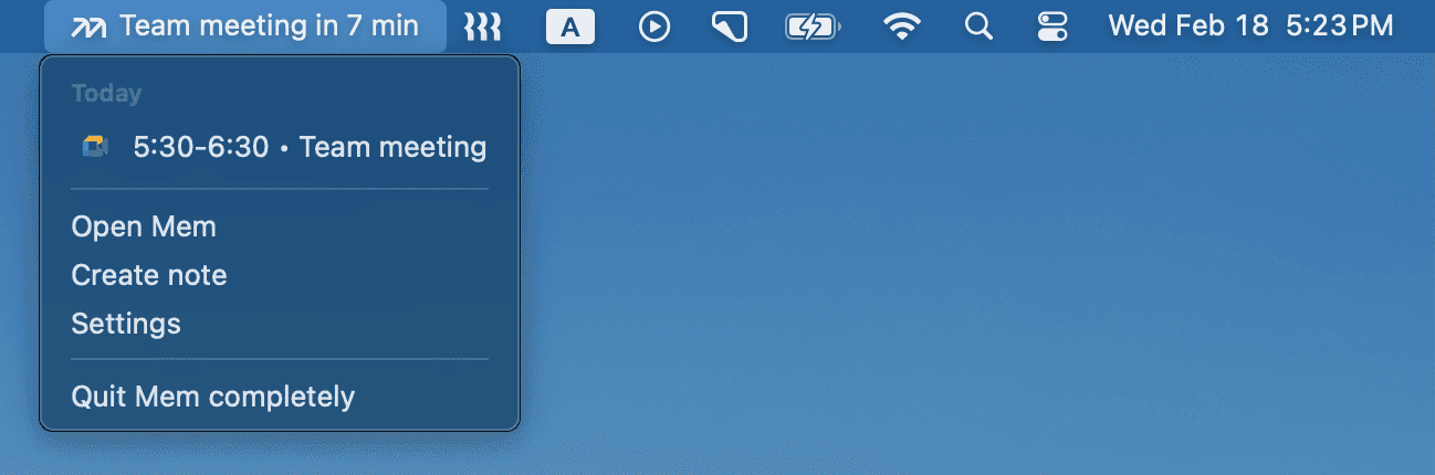 Mem menu bar meeting controls.