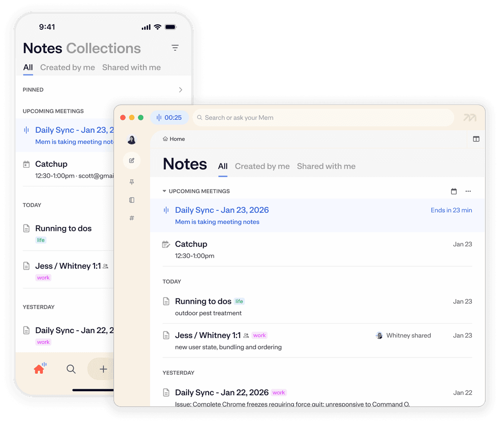Mem calendar view with upcoming meetings.