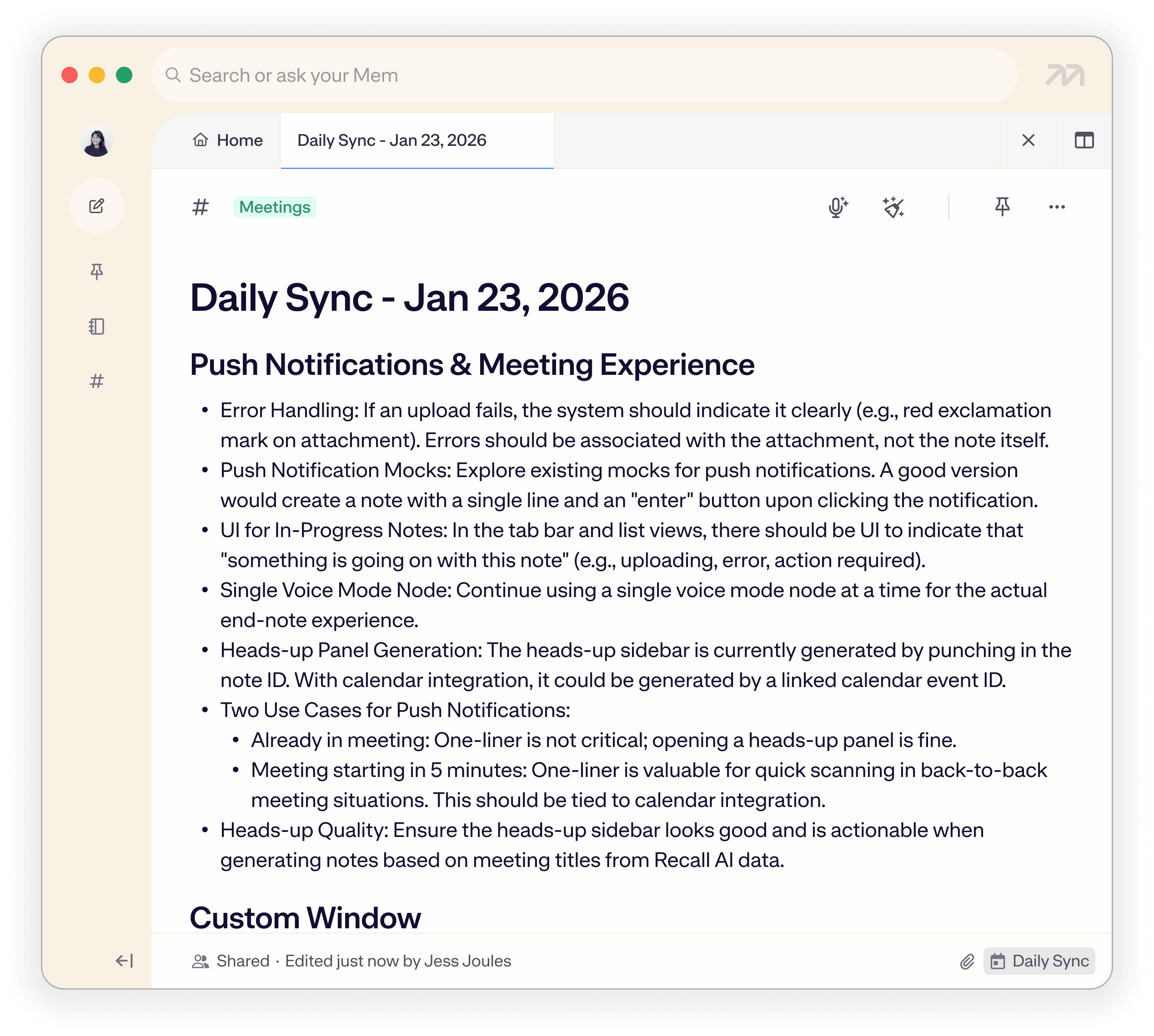 Mem Voice Mode meeting note generation.