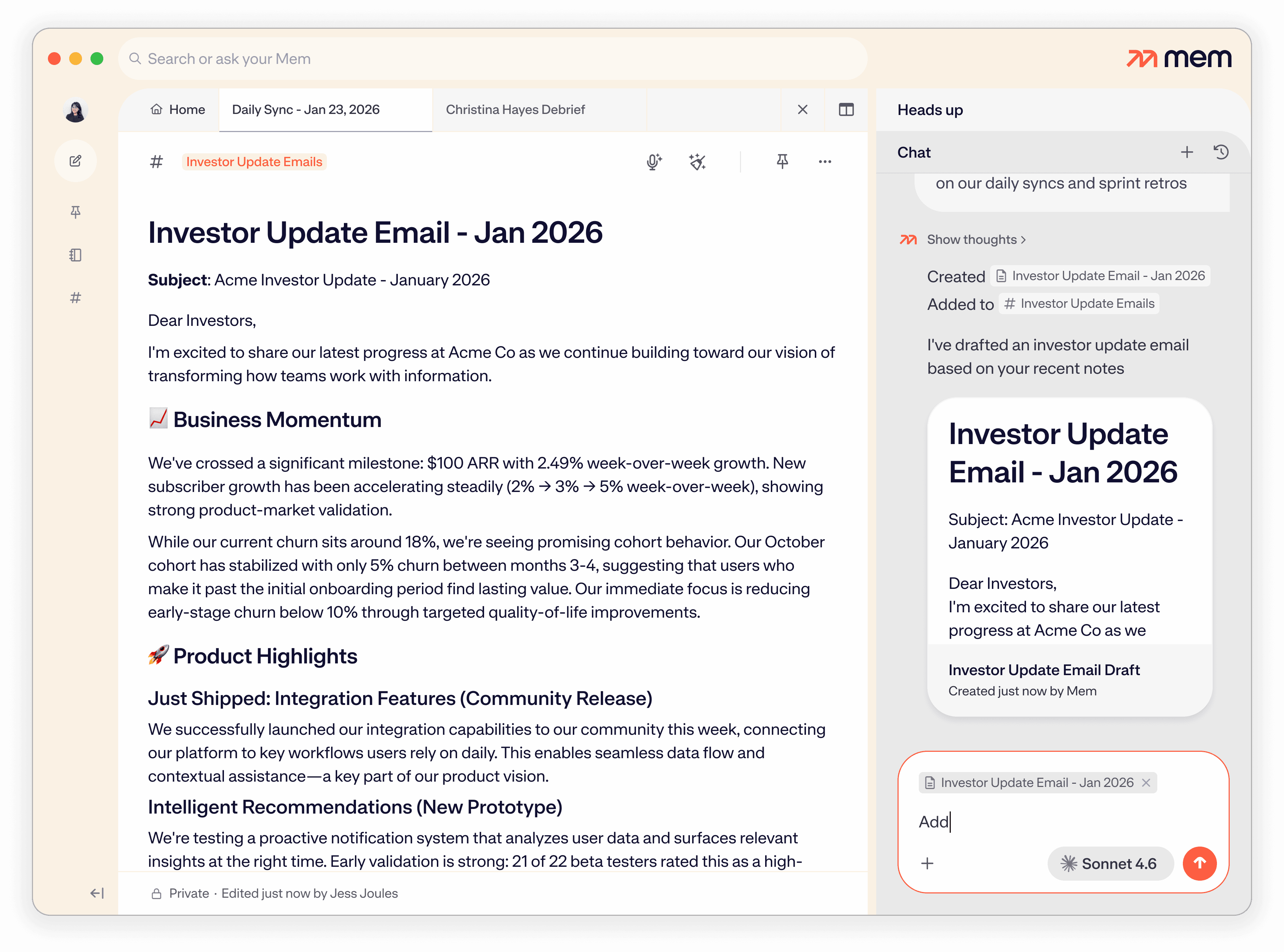 Mem Workspace showing an investor update note and the context used to draft it