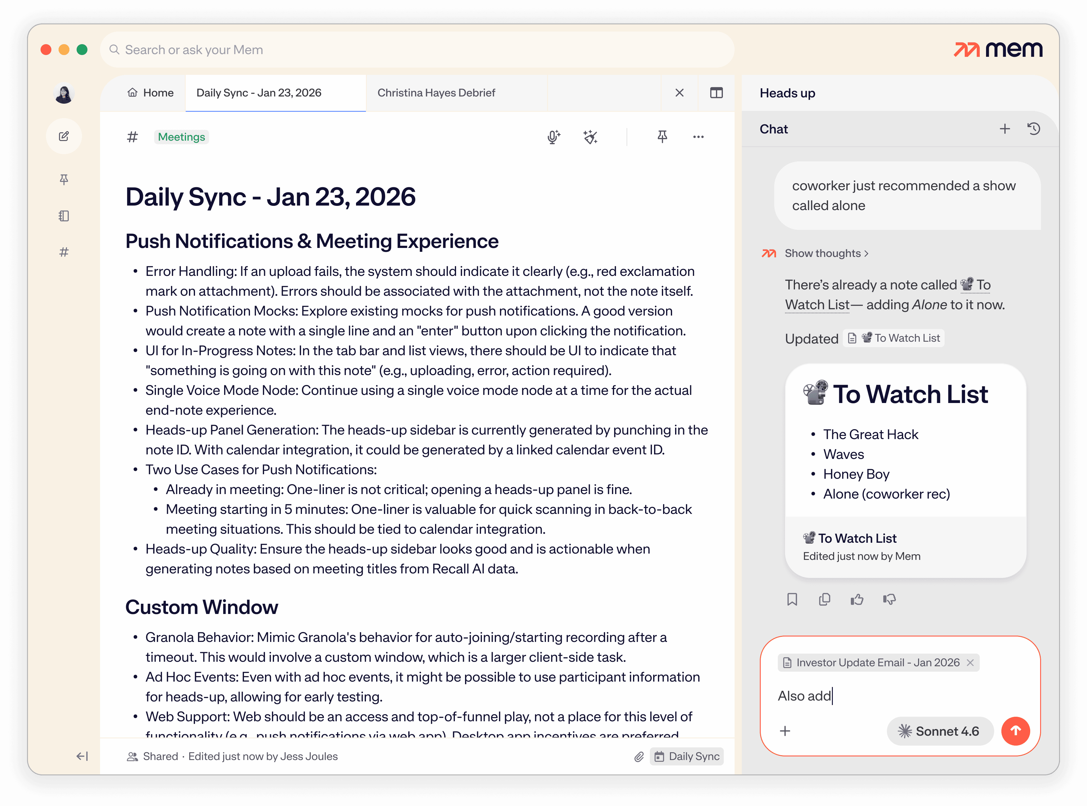 Mem Chat updating a to-watch list from a quick message.