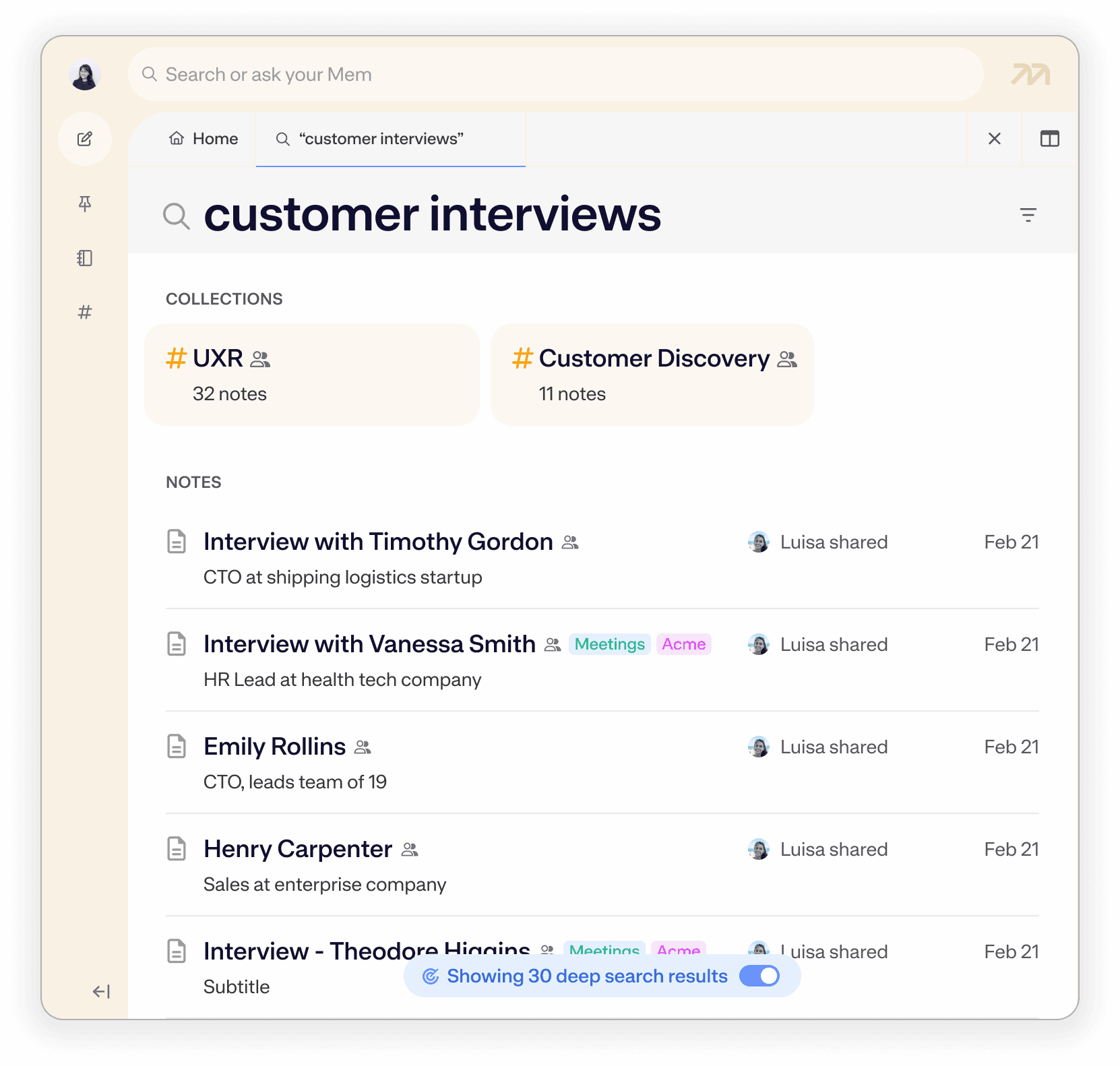 Mem search finding team context from a shared workspace.