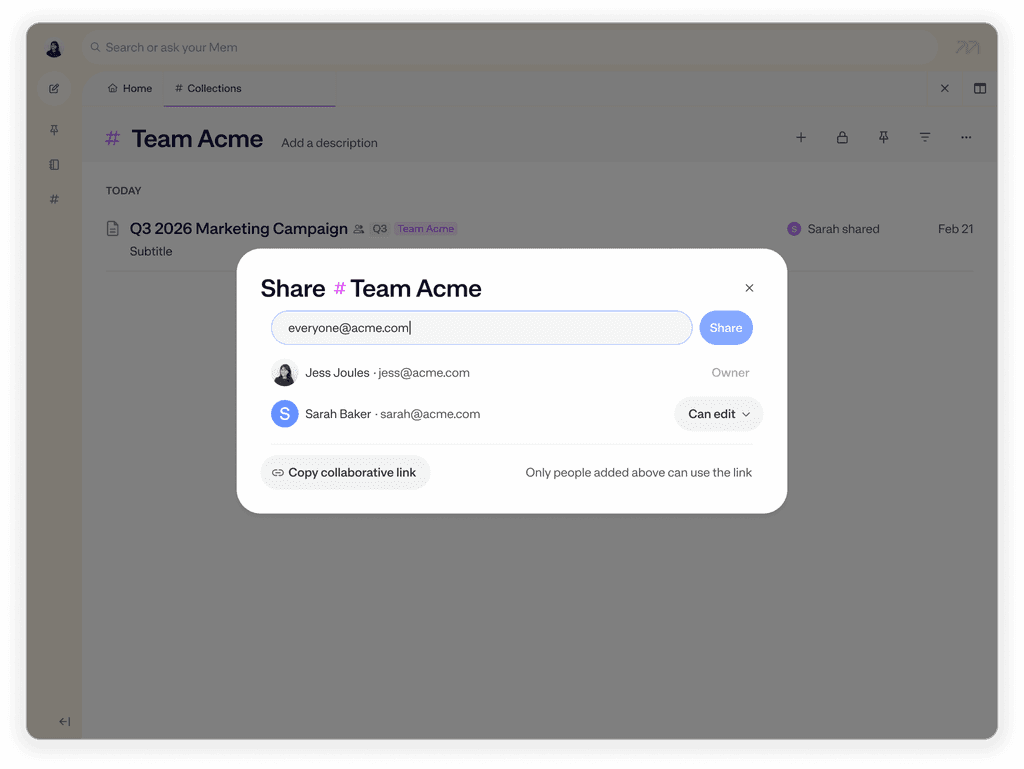 Mem shared collection with project notes and team context.