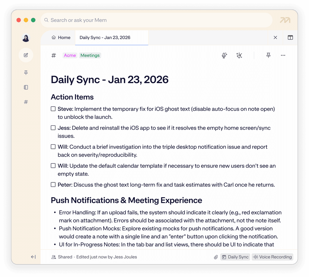 Mem Voice Mode turning a team meeting into shared notes.
