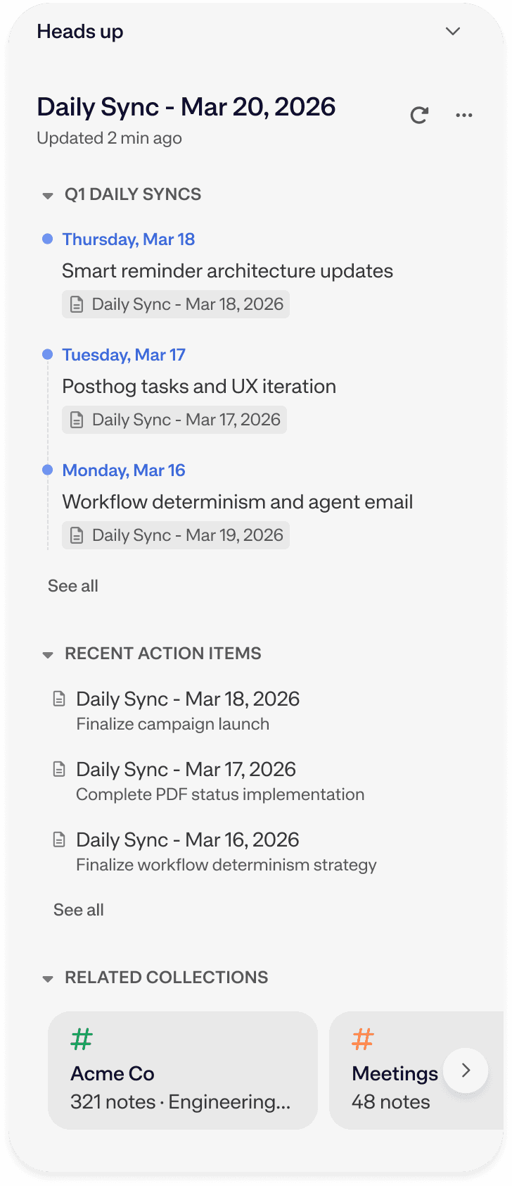 Heads Up showing related notes, action items, and Collections