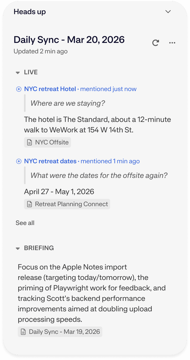 Mem Heads Up Live surfacing context during Voice Mode.
