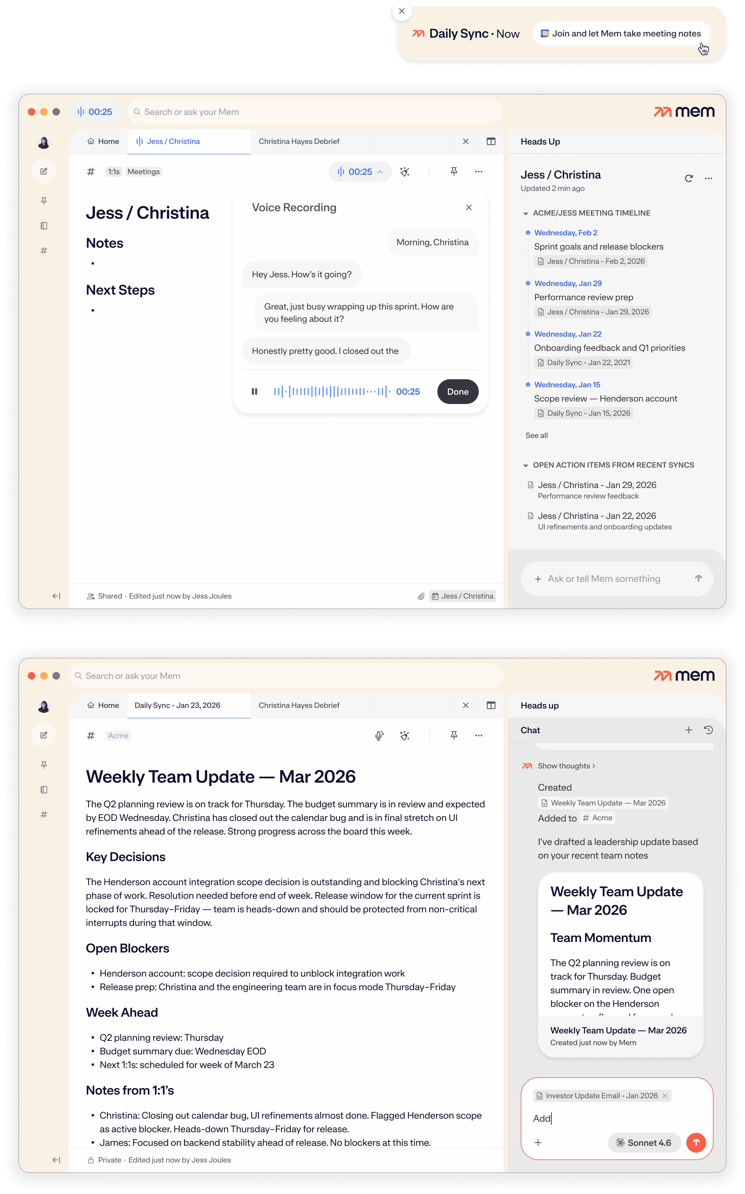 Mem manager workflow with meeting context and notes.