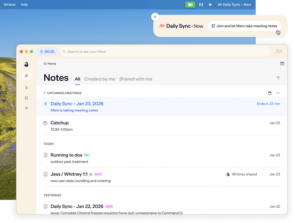 Mem meeting schedule with a desktop notification.