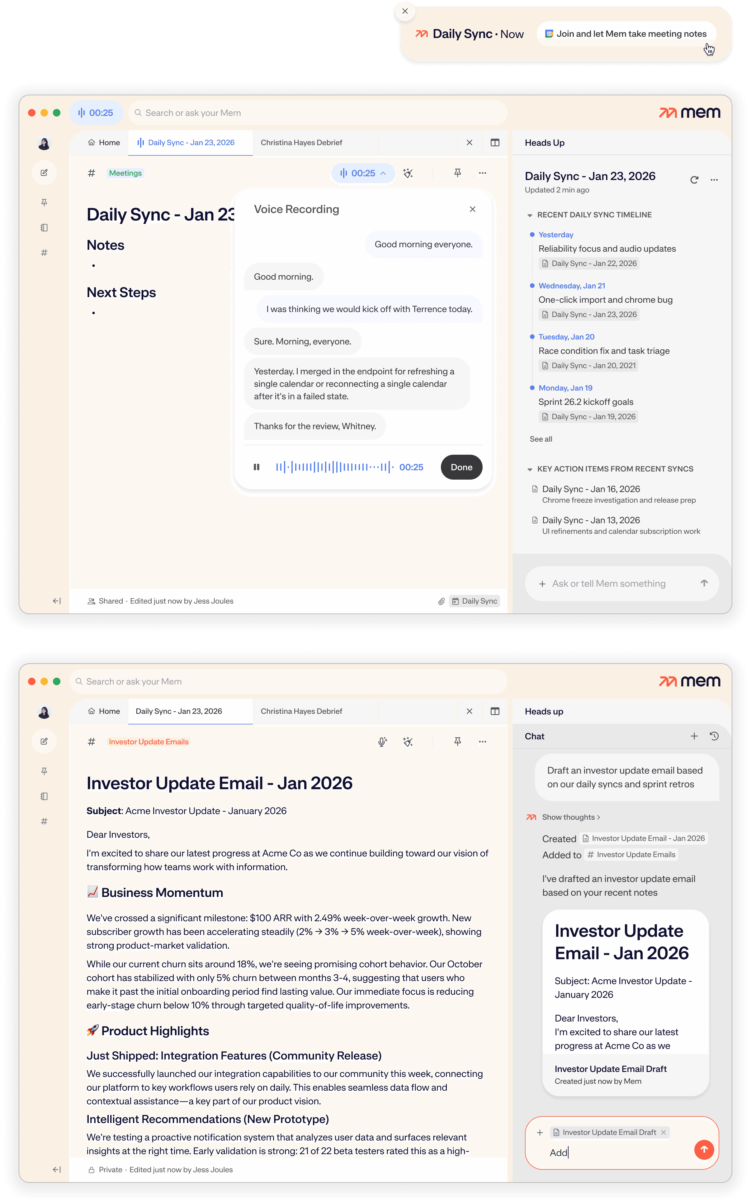 Mem founder workflow with meeting notes, Voice Mode, and Heads Up context.