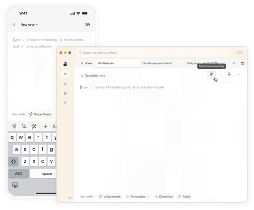 Mem voice recording controls beside a generated note.
