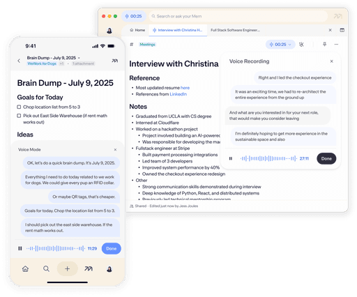 Voice Mode turning a spoken brain dump into a structured note in Mem