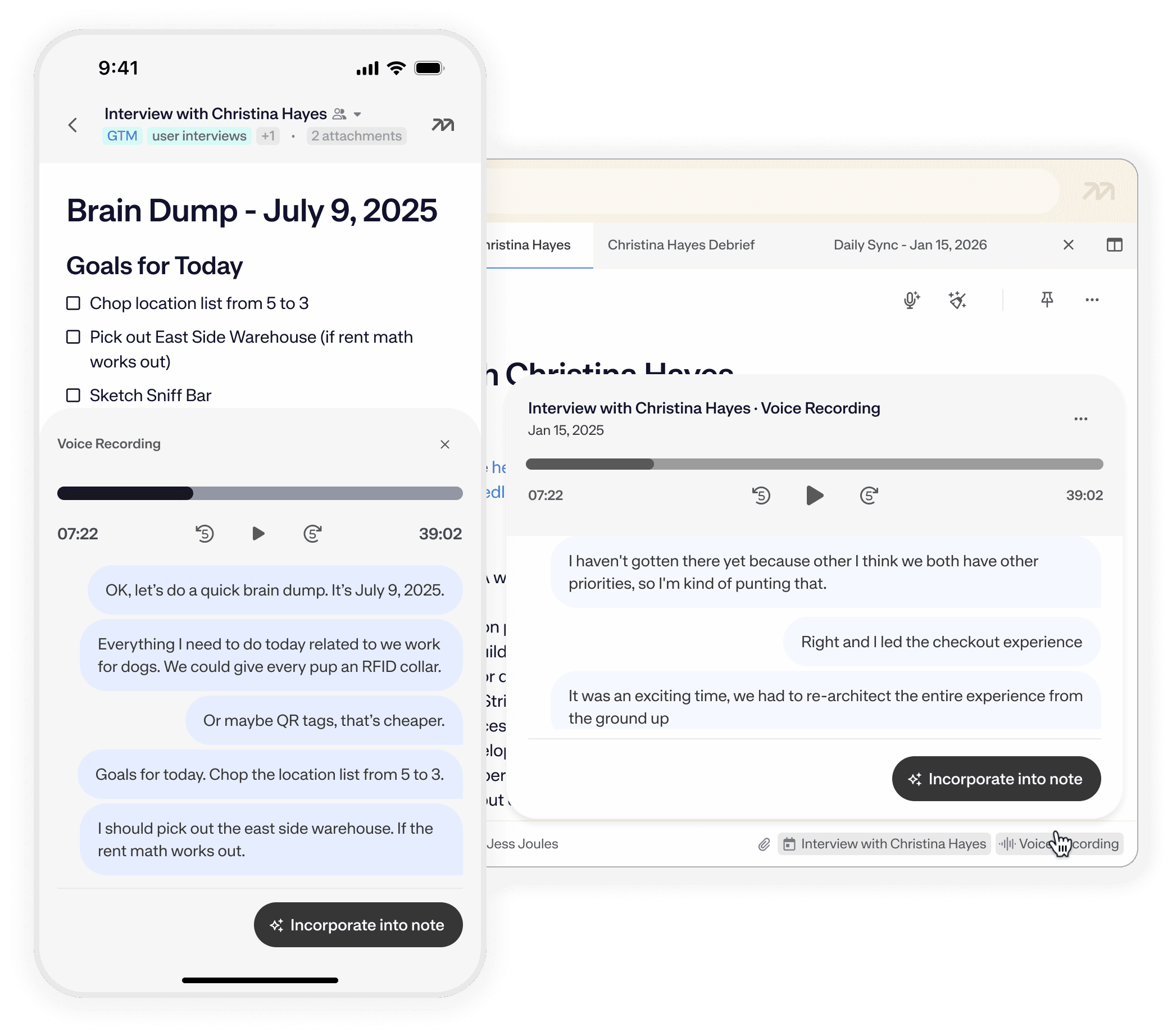 Mem note with attached voice recording and transcript.