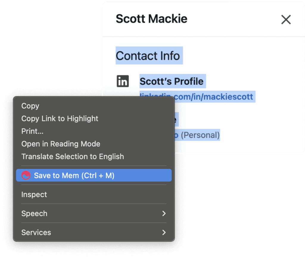 Mem Web Clipper saving a selected text snippet.